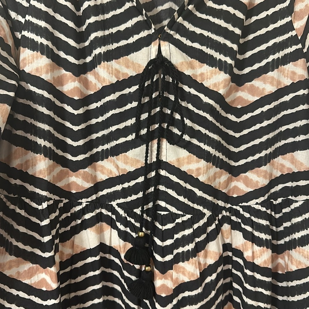 Figue Bella Short Dress Chevron Black,White,Tan Smocked Cuffs Small Boho Boho - Picture 9 of 13